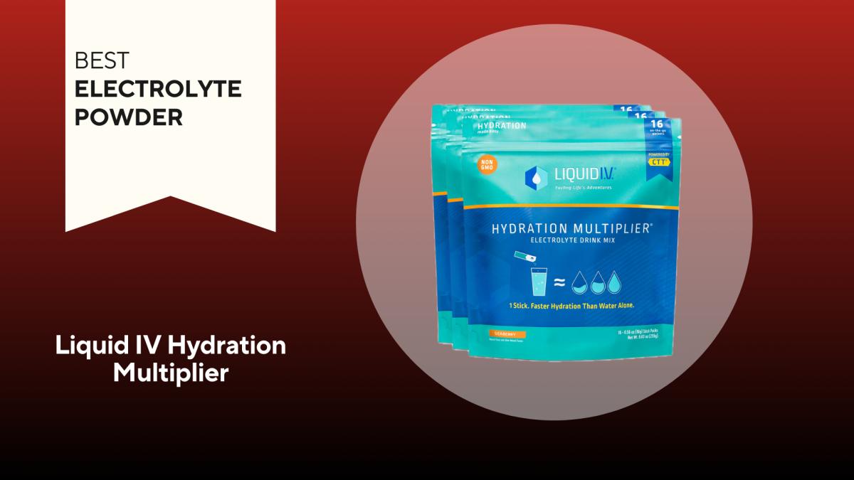 A turquoise and blue bag of Liquid IV Hydration Multiplier against a  red background.